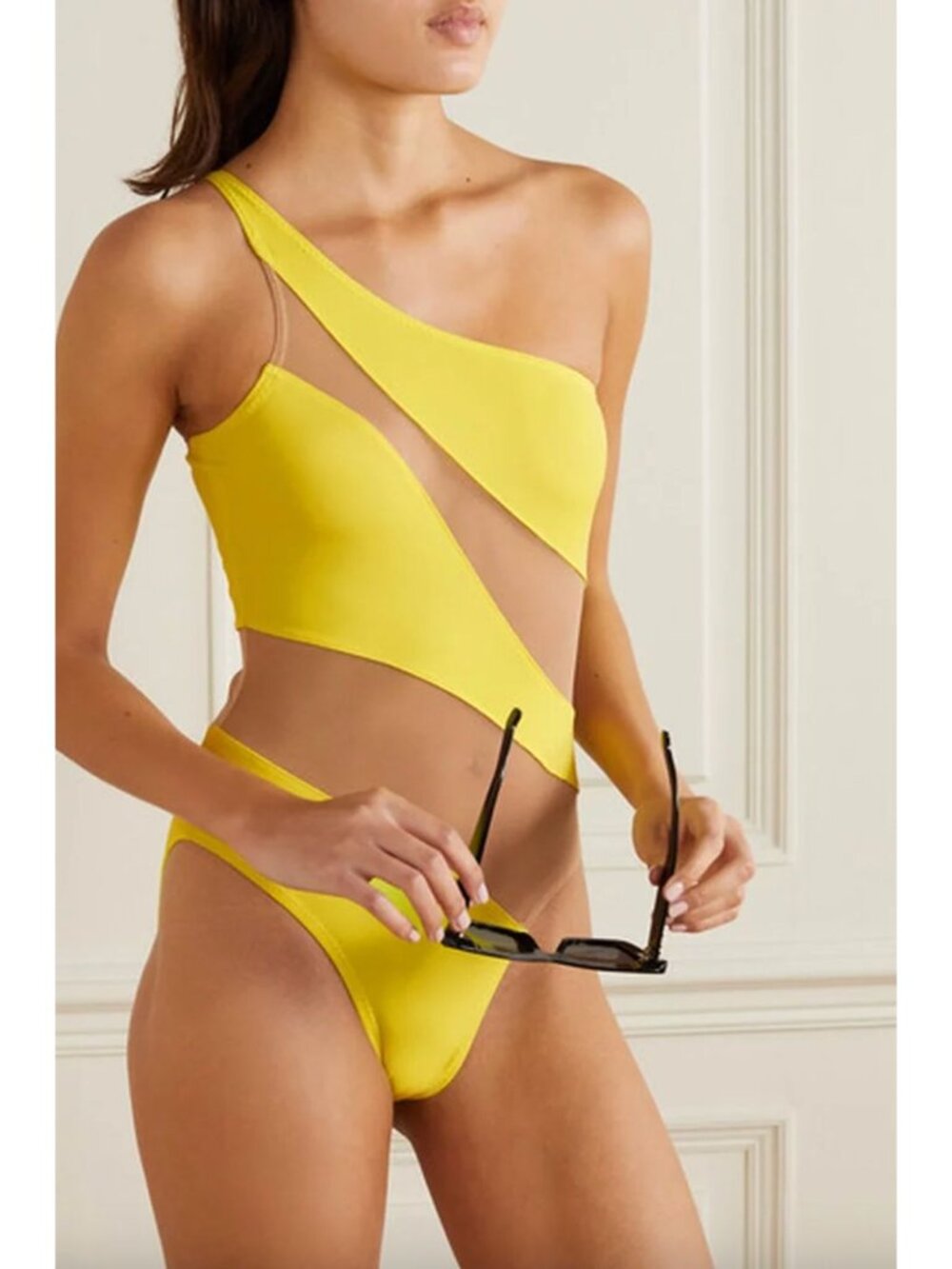 Norma Kamali Snake Mesh Mio Bathing Suit Starfish Nude Yellow Womens Size XS